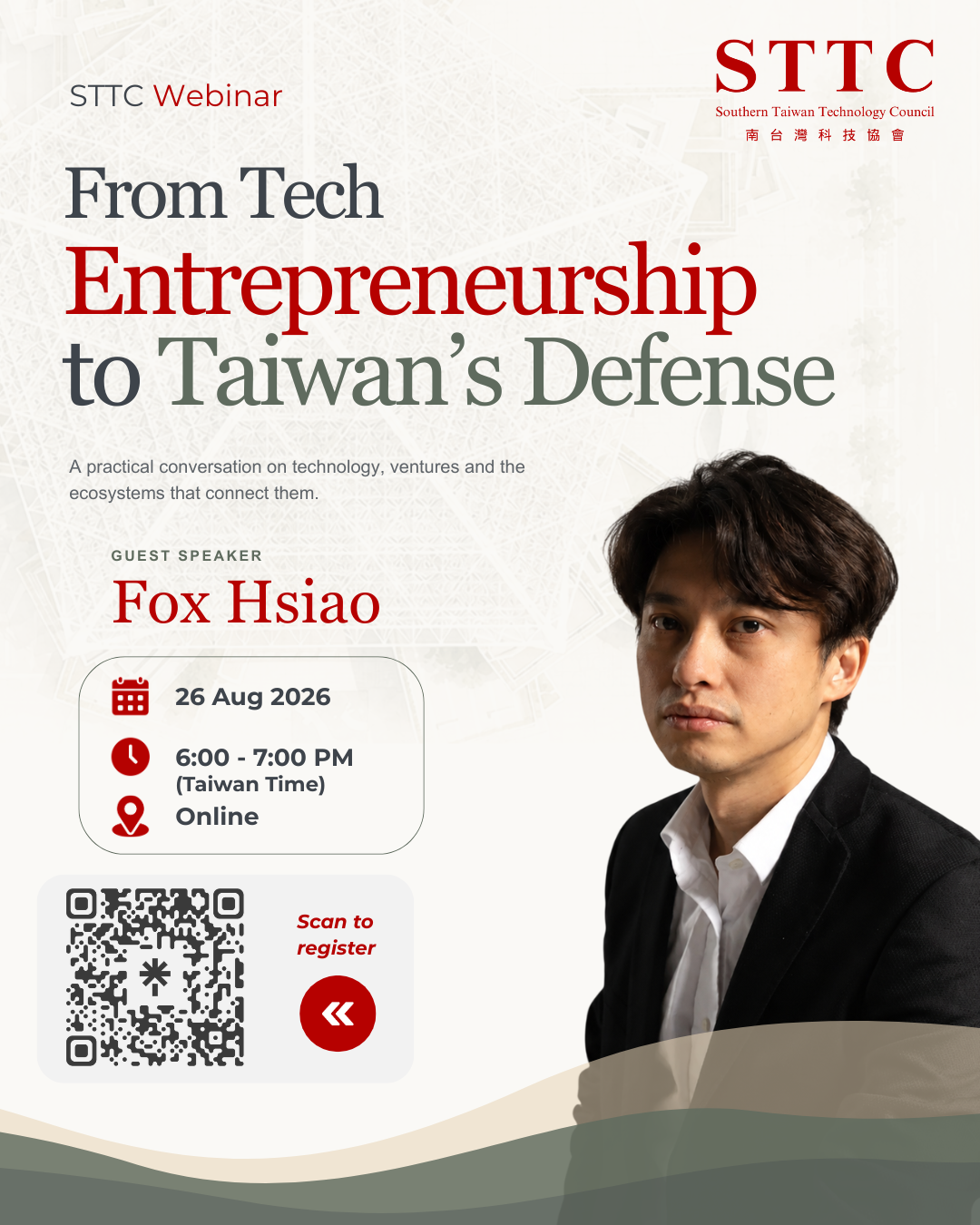 Poster for the From Tech Entrepreneurship to Taiwan’s Defense webinar featuring Fox Hsiao